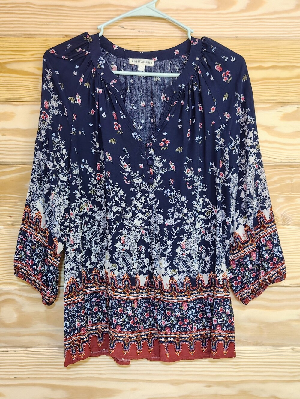 Artisan NY Navy Floral Paisley Print Top Boho 3/4 Sleeve Cottage V-neck Relaxed